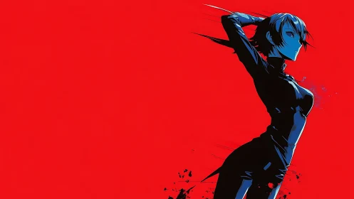 Stoic blue warrior cuts a silhouette against burning red.