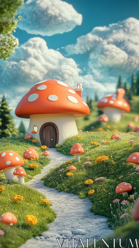 Sunny mushroom cottage welcomes visitors along a winding path