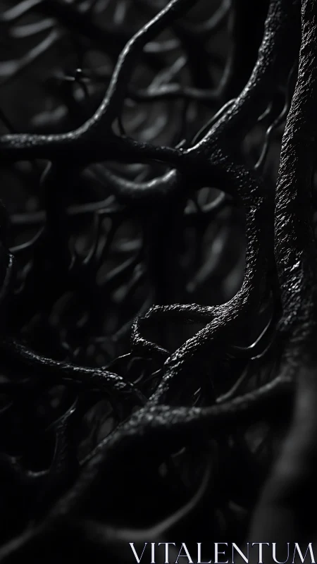 Dark tangled branches in abstract close-up study.