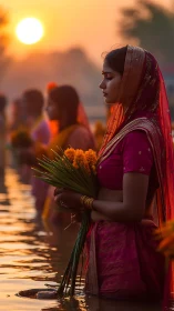 Graceful riverside prayer at sunset with glowing marigolds.