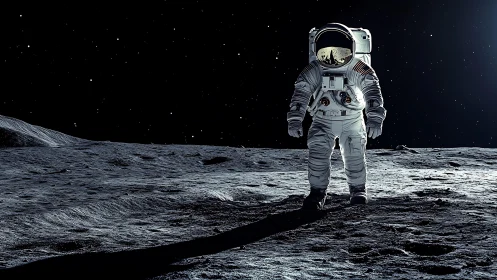 Lunar surface astronaut in stark sidelight and deep shadow.