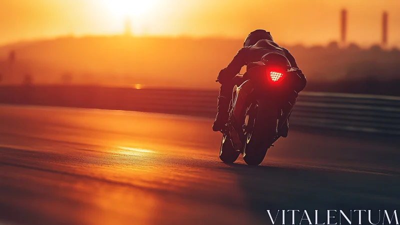 Motorcycle on racetrack under low sun with long reflections.