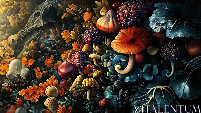 Surreal forest floor packed with luminous fungi and plants.