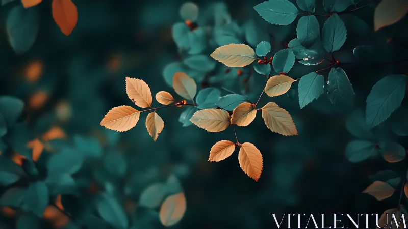 Contrasting yellow and teal leaves on softly blurred foliage.