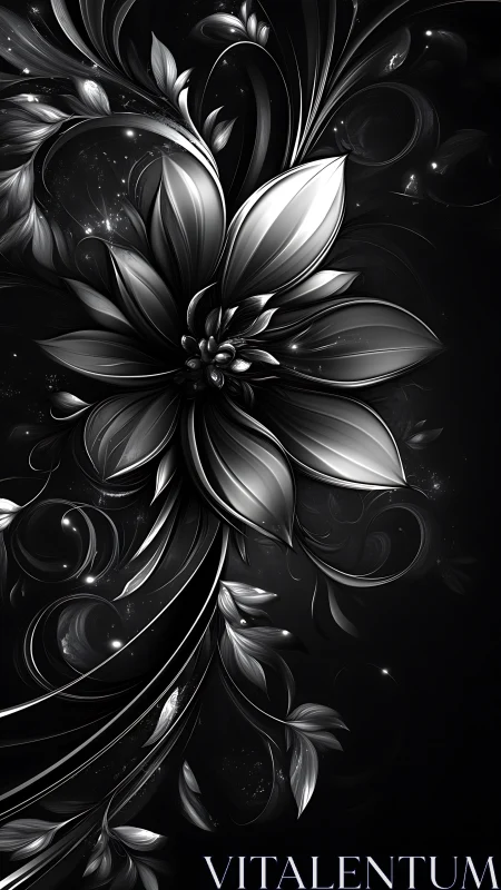 Monochrome floral abstraction with metallic leaf forms.