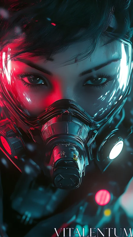 Cybernetic pilot portrait under red cyan rim lighting in mask