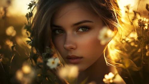 Sunlit portrait of a young woman surrounded by summer flowers