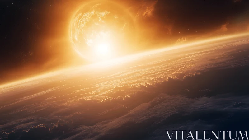 Glowing star rises above curved planetary horizon in space