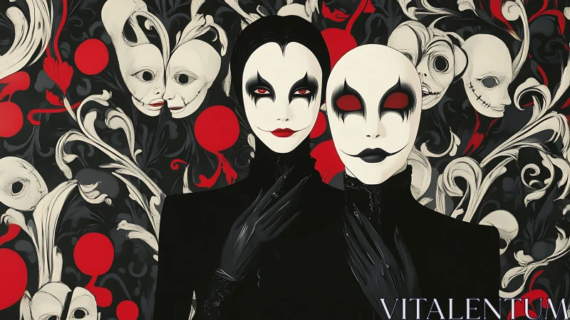 Dual monochrome masquerade figures amid baroque skull arabesques.