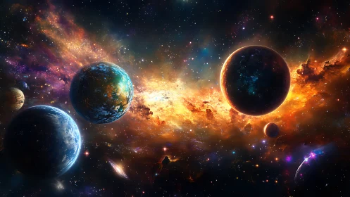 Worlds drift through a molten river of galactic fire