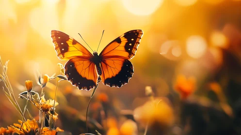 Backlit orange butterfly in shallow-depth meadow under golden bokeh