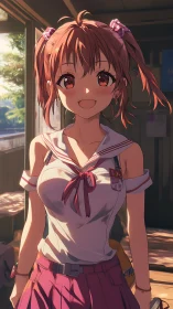 Smiling anime schoolgirl in sunlit classroom interior.