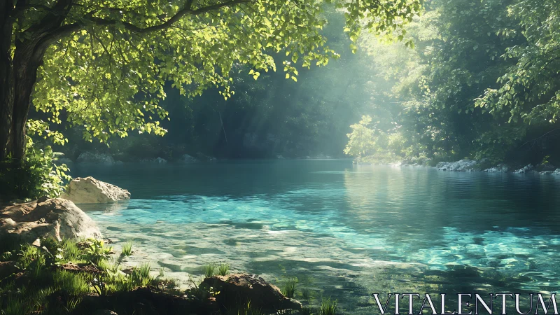 Sunlit forest lagoon with crystal shallows and soft mist.