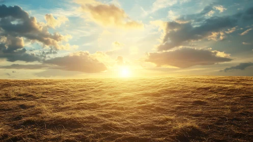 Low-angle sunset over dry grass field with dramatic clouds