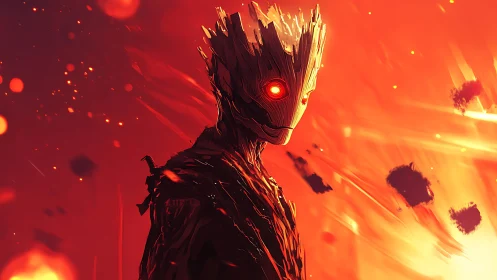 Infernal wooden sentinel with molten glow and embers.