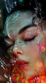 Human face under refracted liquid surface with color effects.