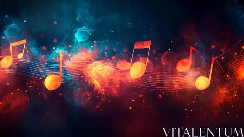 Spectral audio waveform with incandescent musical notation field.