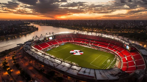 Illuminated riverside football stadium under stratified sunset sky.