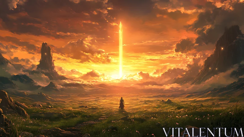 Figure in valley observing vertical light pillar at sunset.