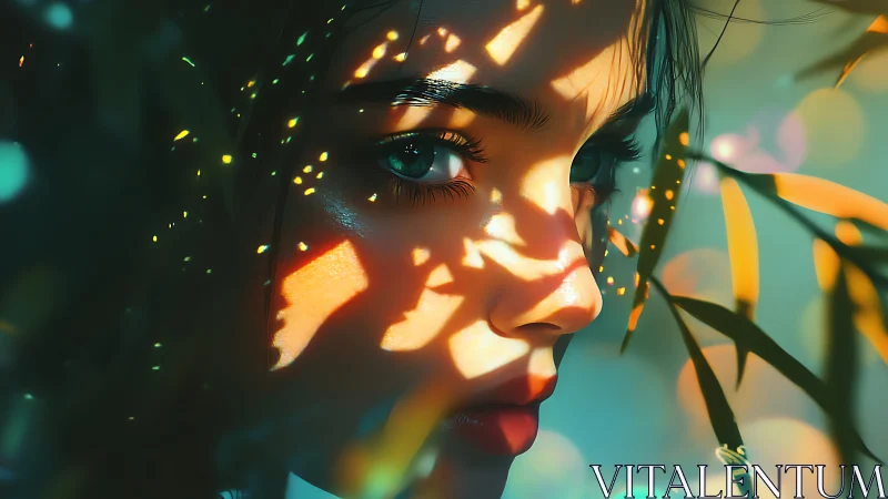 Sunlit portrait of a girl half-veiled in glowing foliage