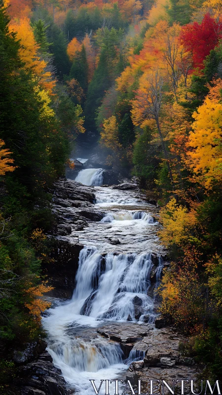 Tiered forest waterfall framed by vivid autumn foliage.