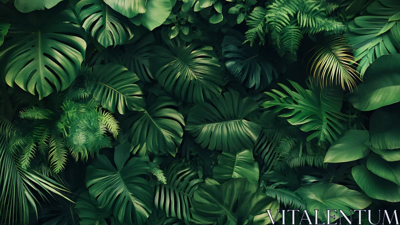 Dense tropical foliage forms layered emerald jungle wall