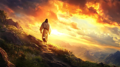 Radiant robed figure walking toward blazing celestial horizon.