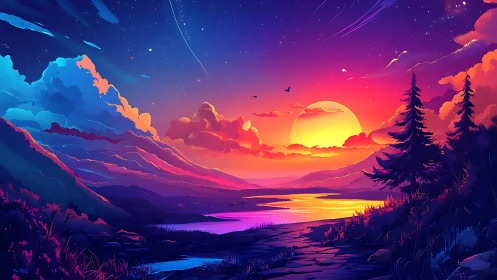 Sunset sky illuminates stylized mountains, river, and trees