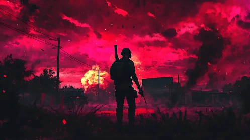 Lone soldier under a blazing crimson battlefield sky.