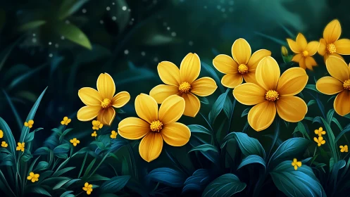 Digital illustration of yellow composite flowers with layered petals rendered against teal botanical