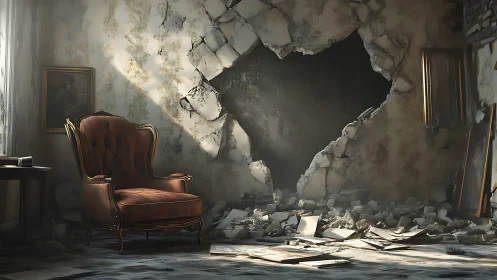 Digital painting of ruined salon with armchair and breached wall.