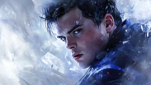 Storm-lit gaze of a determined young hero in motion.