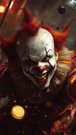 Sinister circus clown leans close with a wicked golden grin.