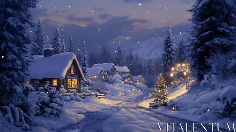 Snowlit cabin lane wrapped in twinkle-lit winter hush.