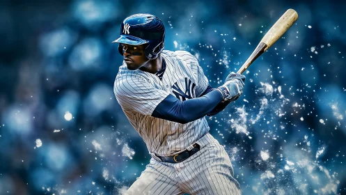 Dynamic baseball swing in blue energy particle burst.