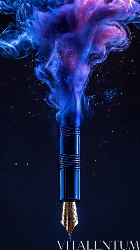 Fountain pen tip emits swirling blue and purple smoke