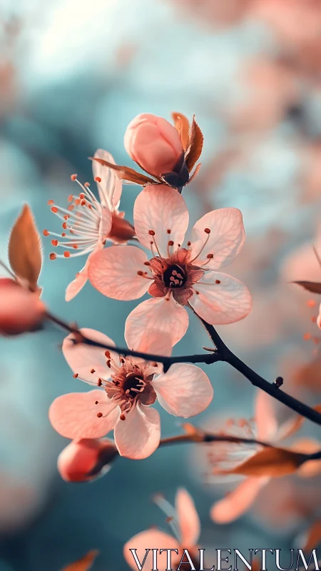 Coral Cherry Blossom Cluster with Backlit Petals and Reproductive Structure