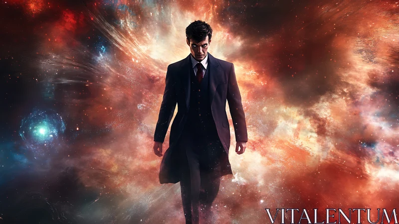 Cosmic figure strides through exploding nebular light field.