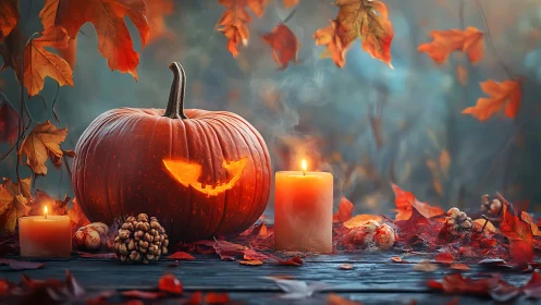 Jack o lantern with candles in glowing autumn leaf still life.