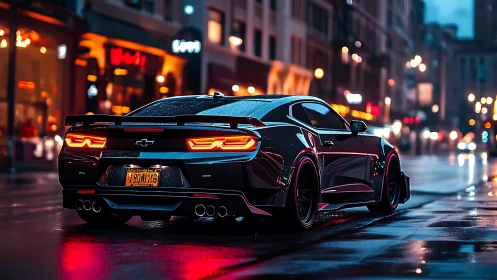Sleek black sports car parked on wet neon city street.