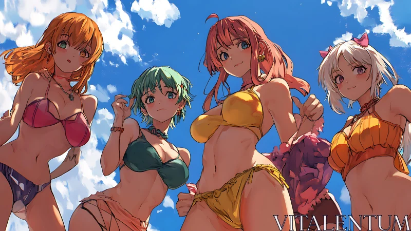 Anime beach friends pose under a vivid summer sky together