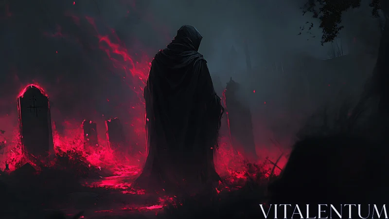 Hooded wraith in crimson-ignited graveyard mist.