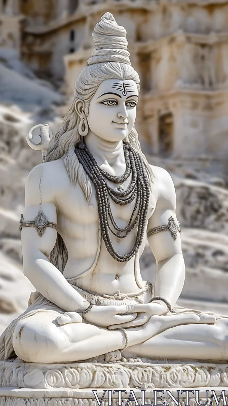 Marble Shiva sculpture in serene meditative yogic posture.