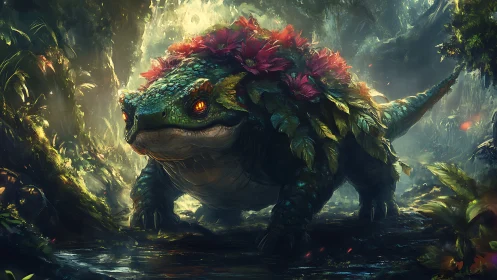 Bioluminescent forest reptile with floral carapace adaptation.