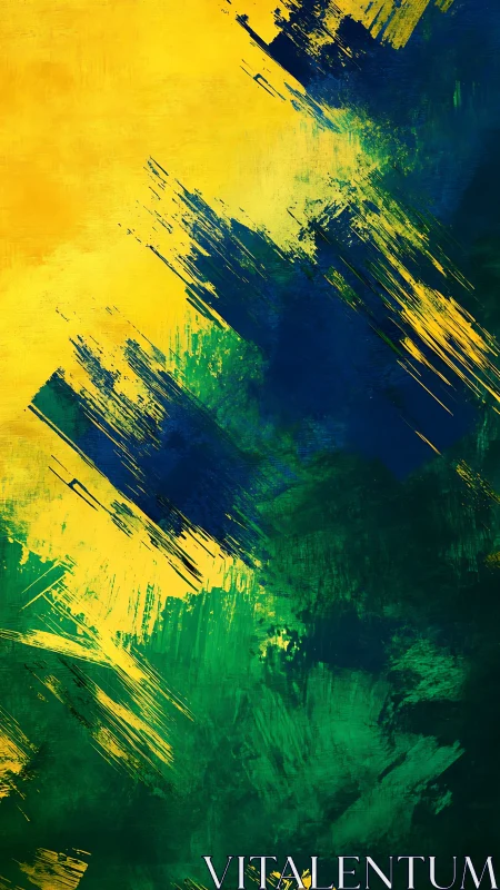 Diagonal impasto strokes in blue, green and yellow convergence