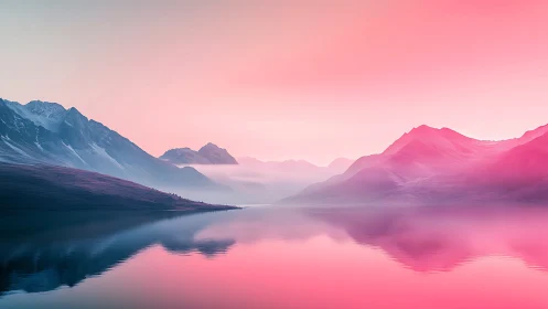 Soft sunrise over pastel mountains and mirrored lake.