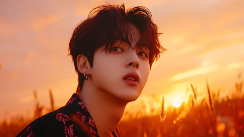 Sunset gaze in golden fields with gentle, dreamy warmth.