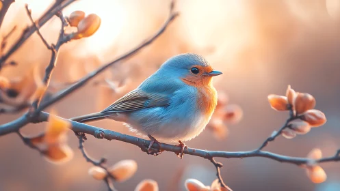 Vibrant Bluebird on a Branch in Soft Golden Morning Light.