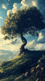 Sunlit hilltop tree bending gracefully into a dreamy sky.