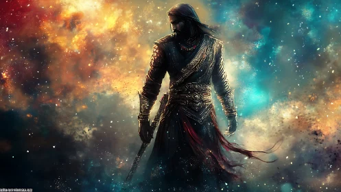 Starlit warrior draped in nebula fire and drifting embers.